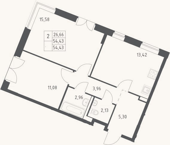 Планировка: 2-к, 54,4 м²