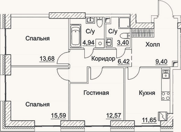 Планировка: 3-к, 77,7 м²