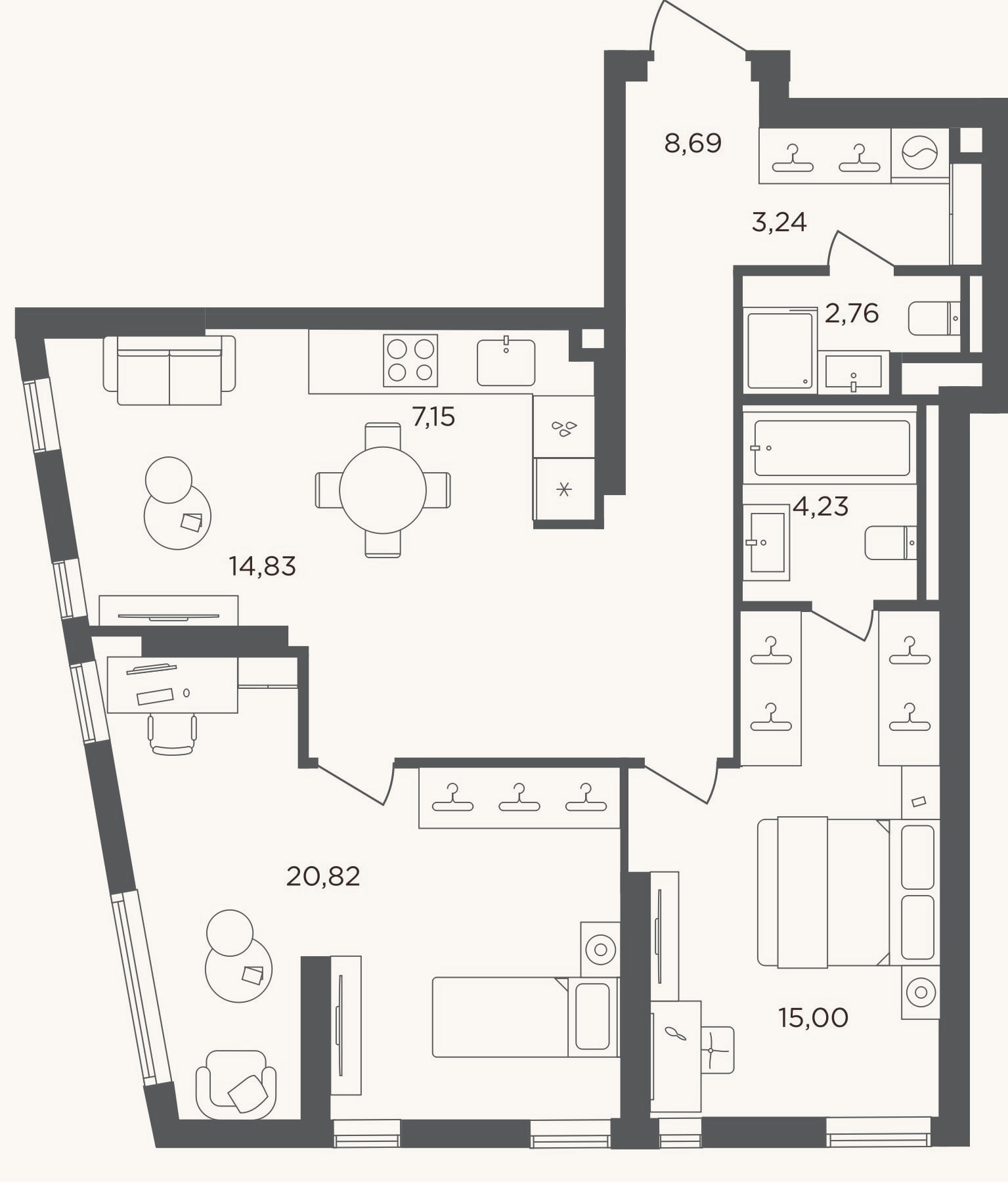 Планировка: 3-к, 76,7 м²