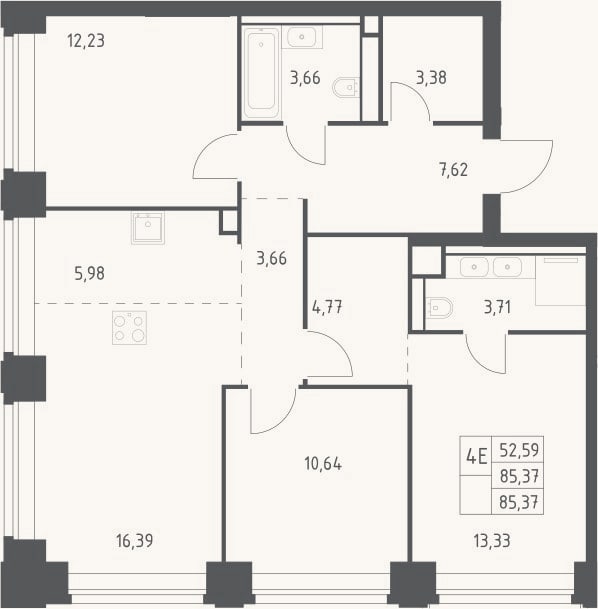 Планировка: 4+ к, 85,4 м²