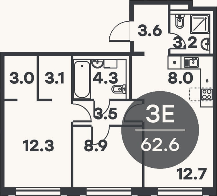 Планировка: 3-к, 62,6 м²
