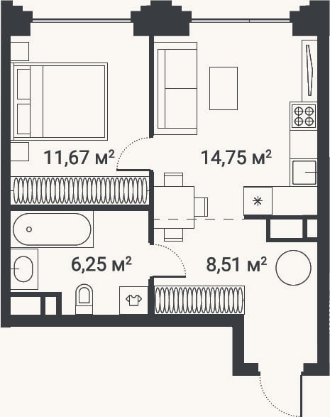Планировка: 1-к, 41,2 м²
