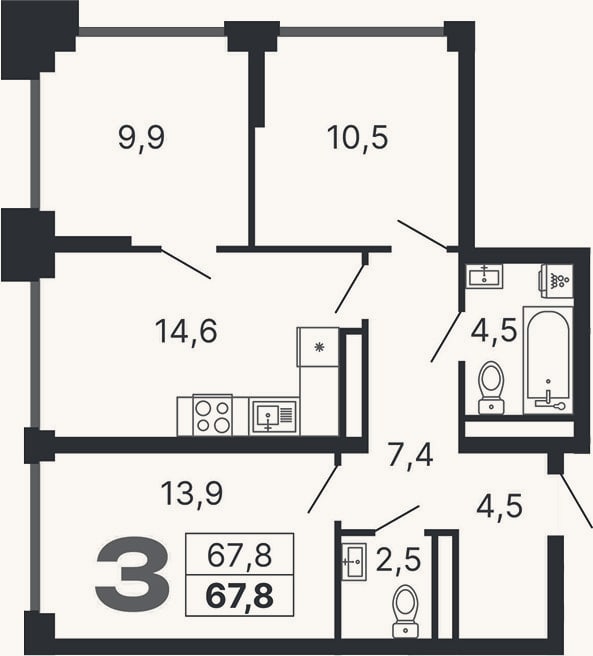 Планировка: 3-к, 67,8 м²