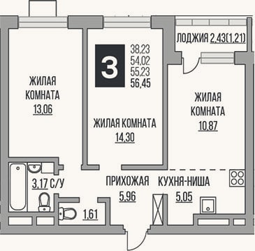 Планировка: 3-к, 54 м²