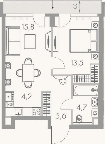 Планировка: 2-к, 43,8 м²