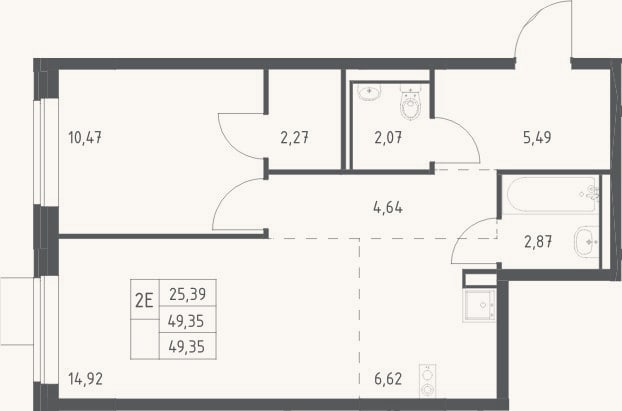 Планировка: 2-к, 49,4 м²