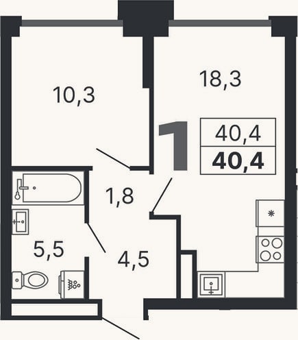 Планировка: 1-к, 40,4 м²