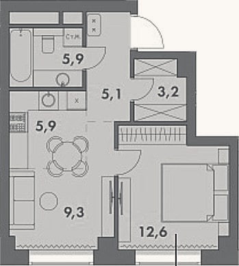 Планировка: 2-к, 42 м²