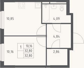 Планировка: 1-к, 32,8 м²