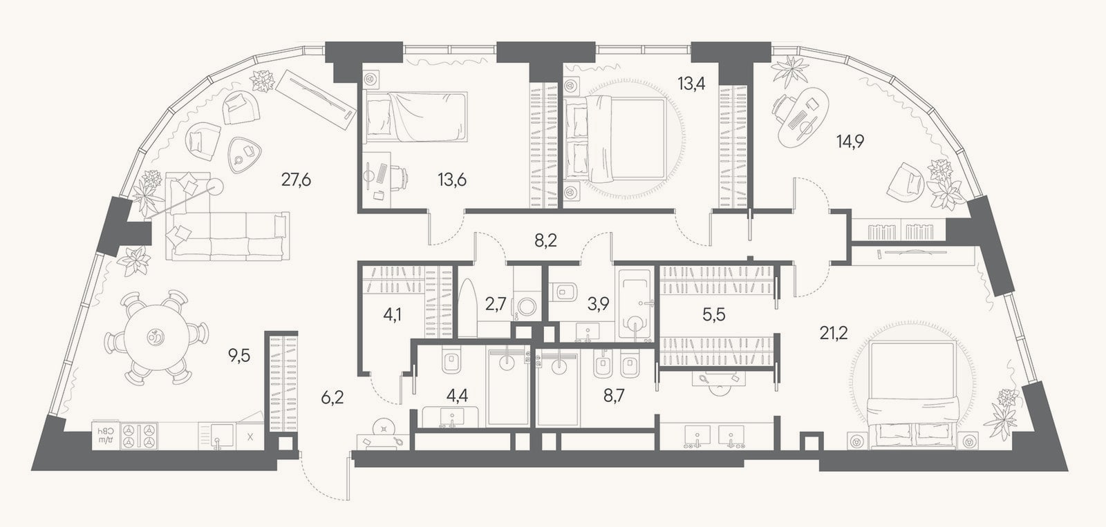 Планировка: 4+ к, 143,9 м²