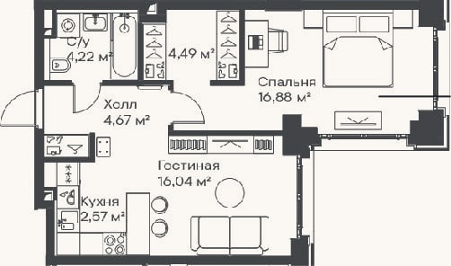 Планировка: 2-к, 48,9 м²