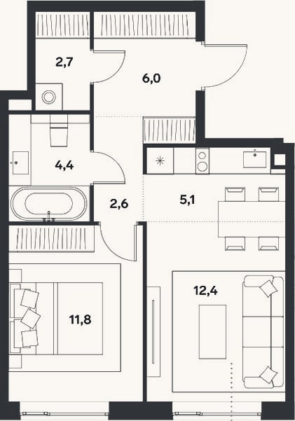 Планировка: 2-к, 45 м²