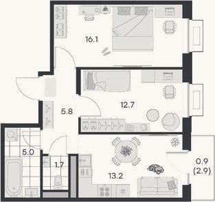 Планировка: 2-к, 54,5 м²