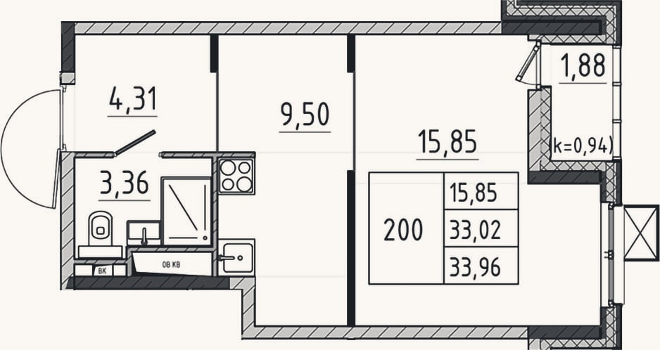 Планировка: Студия, 33 м²