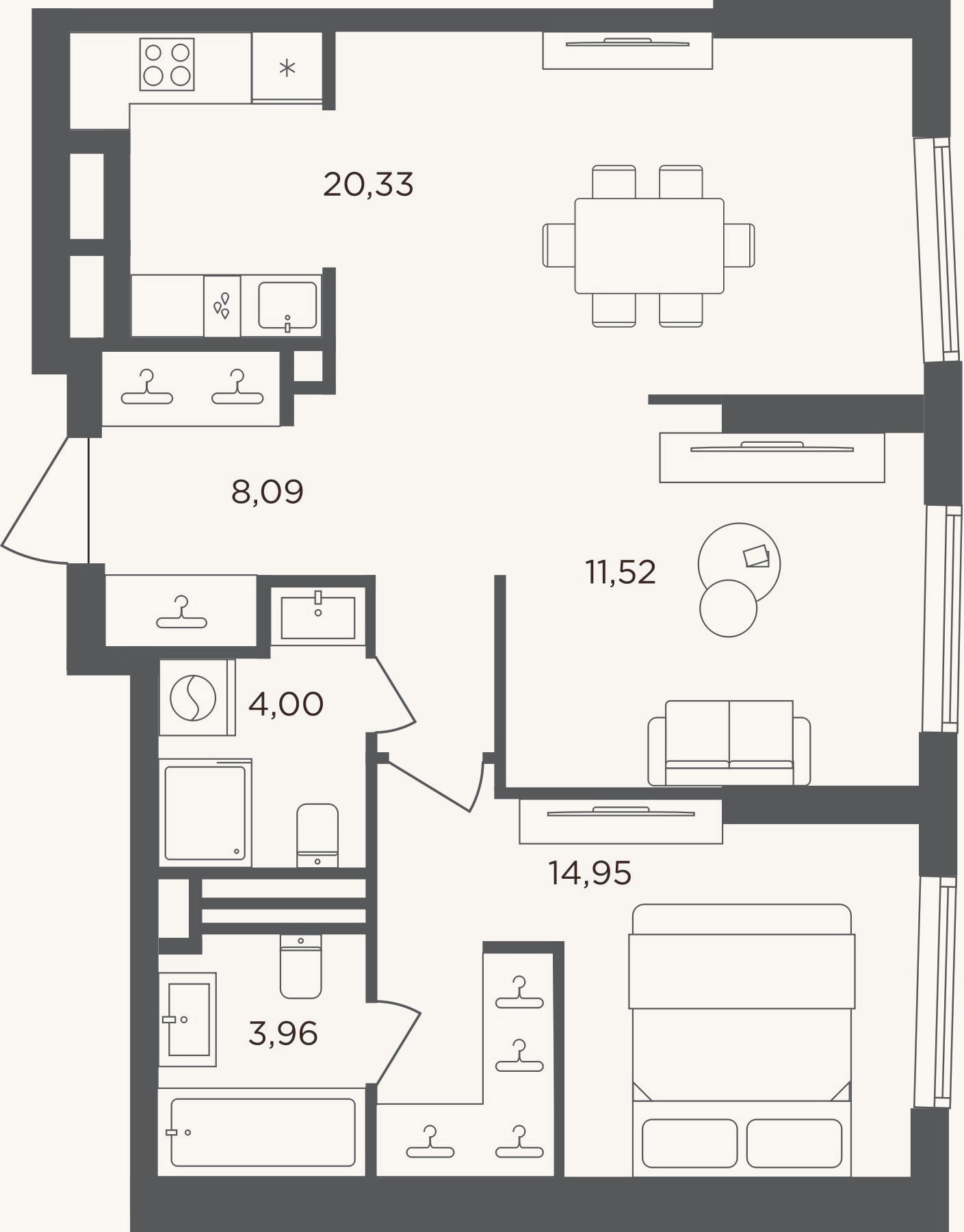Планировка: 2-к, 62,9 м²