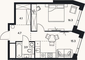 Планировка: 1-к, 44,3 м²
