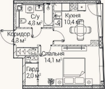 Планировка: 1-к, 36,1 м²