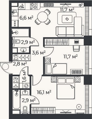 Планировка: 3-к, 59,9 м²