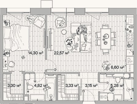 Планировка: 2-к, 63,4 м²