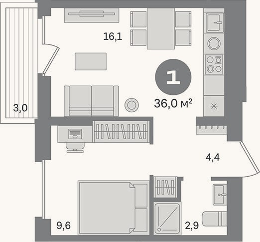 Планировка: 1-к, 33 м²