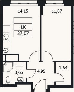 Планировка: 1-к, 37,1 м²