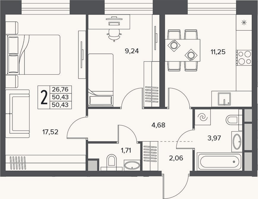 Планировка: 2-к, 50,4 м²