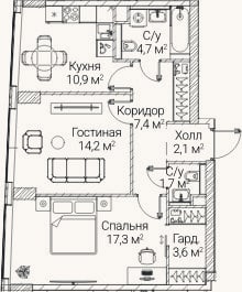 Планировка: 2-к, 61,8 м²