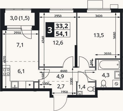 Планировка: 3-к, 52,6 м²