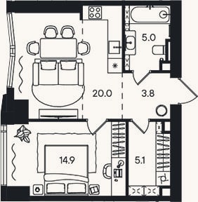 Планировка: 2-к, 48,8 м²