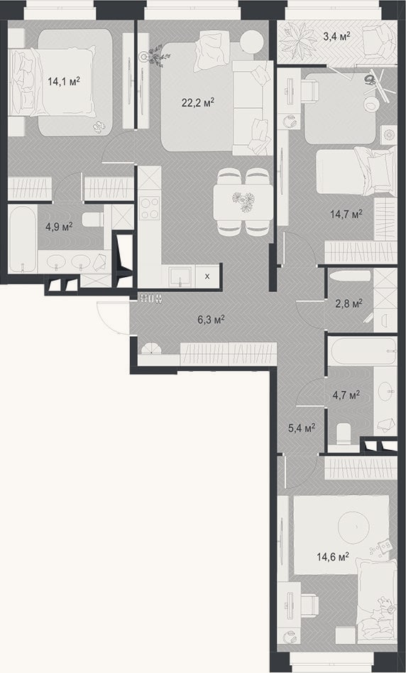 Планировка: 4+ к, 89,7 м²