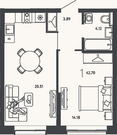 Планировка: 1-к, 42,7 м²