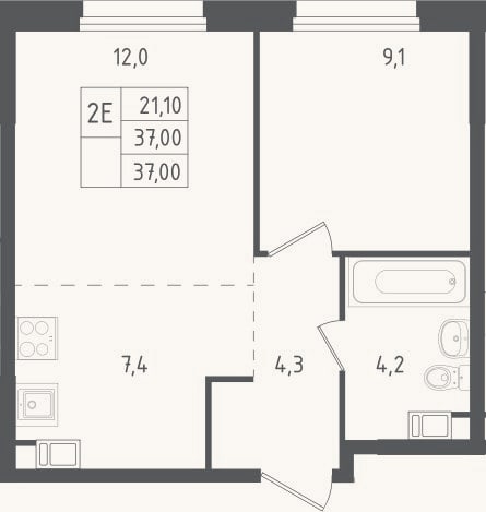 Планировка: 2-к, 37 м²