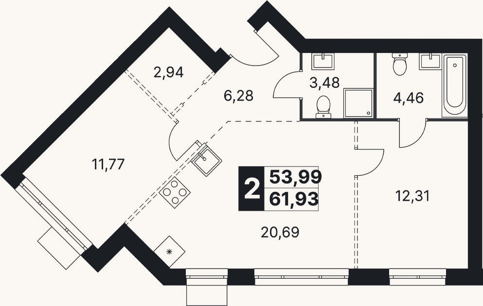 Планировка: 3-к, 61,9 м²