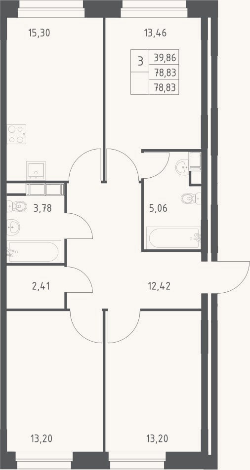 Планировка: 3-к, 78,8 м²
