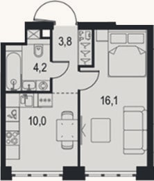 Планировка: 1-к, 34,1 м²