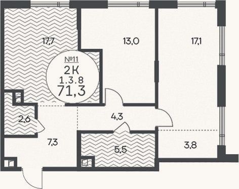 Планировка: 2-к, 71,3 м²