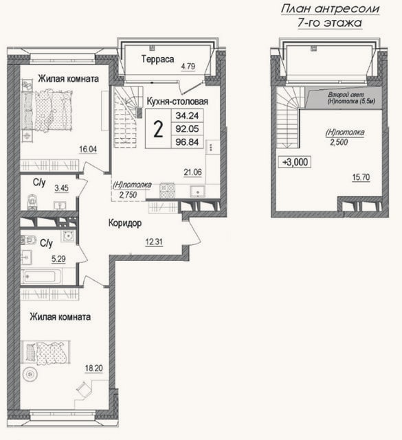 Планировка: 2-к, 88,9 м²
