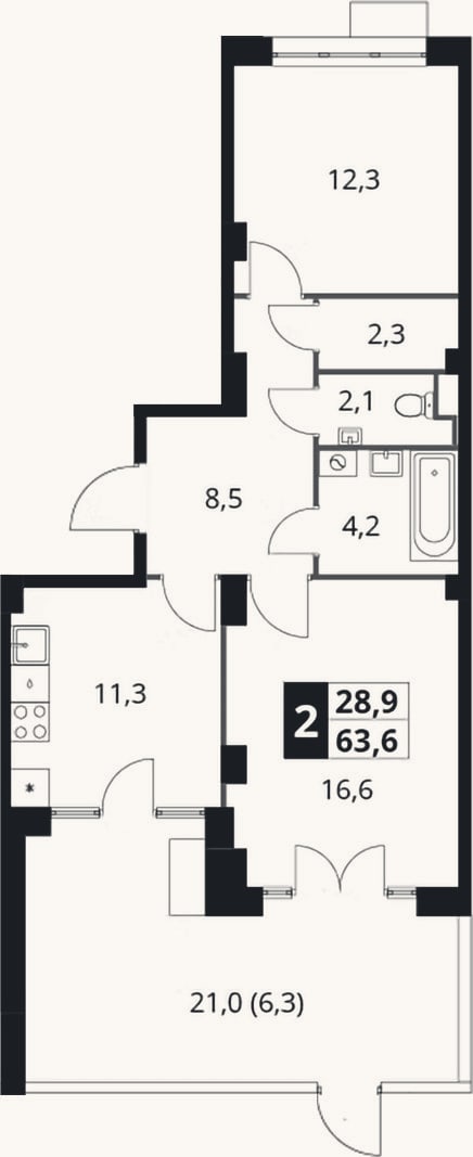 Планировка: 2-к, 57,3 м²