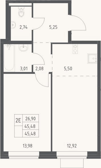Планировка: 2-к, 45,5 м²