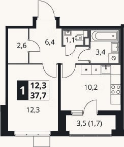 Планировка: 1-к, 36 м²