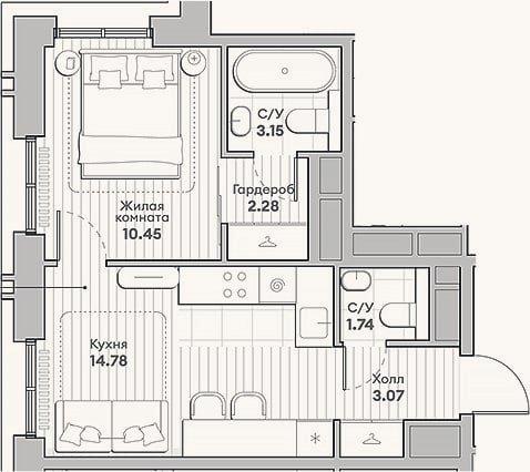 Планировка: 2-к, 35,5 м²
