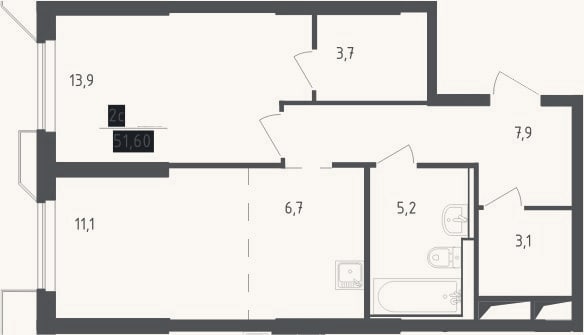 Планировка: 2-к, 51,6 м²