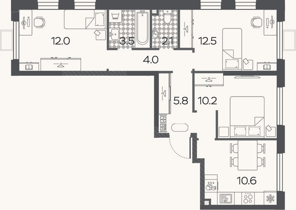 Планировка: 3-к, 60,7 м²