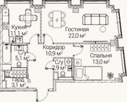 Планировка: 2-к, 68,1 м²