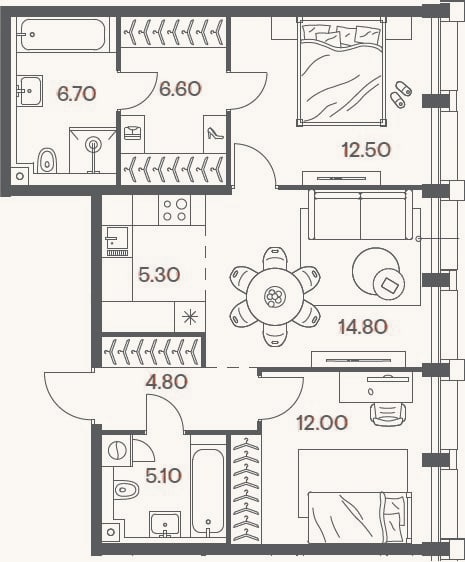 Планировка: 3-к, 67,8 м²