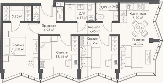 Планировка: 4+ к, 75,6 м²