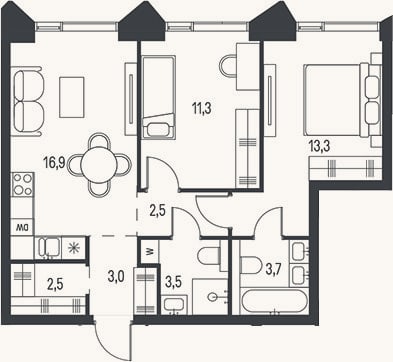 Планировка: 3-к, 56,7 м²