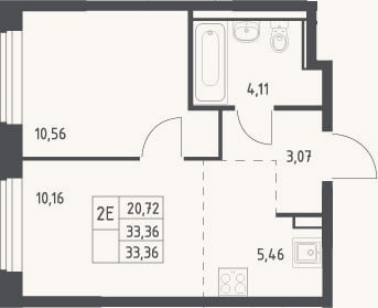 Планировка: 2-к, 33,4 м²