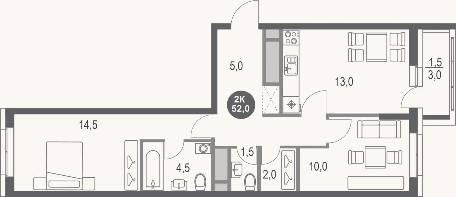 Планировка: 2-к, 50,5 м²
