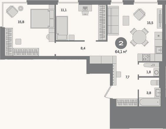 Планировка: 2-к, 64,1 м²